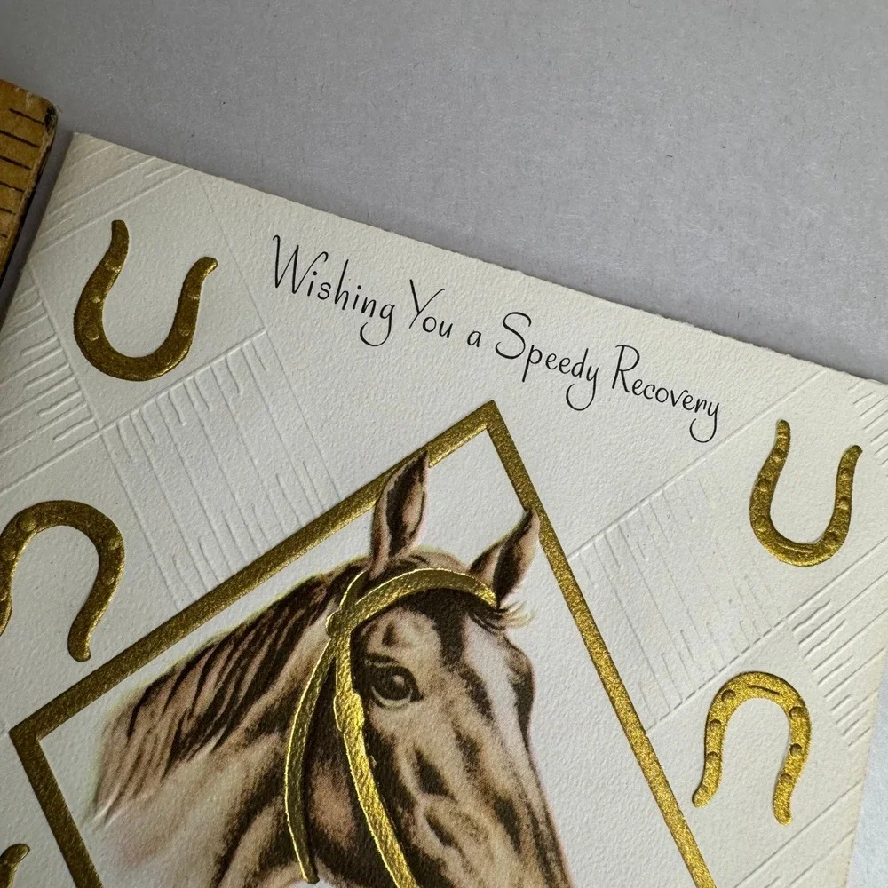 Vintage Sangamon Get Well Greeting Card Horse Horseshoe Gold Embossed 10-303 USA